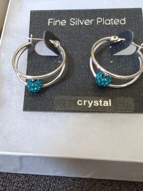 Fine Silver Plated Hoop Earrings with Teal Crystal Accent